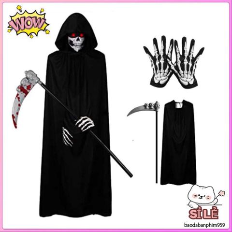 Bộ Hóa Trang Halloween Thần Chết Scream Kèm Áo Choàng, Găng Tay Xương - Trang Phục Ma Quái Tuyệt Đẹp Cho Bữa Tiệc Hóa Trang