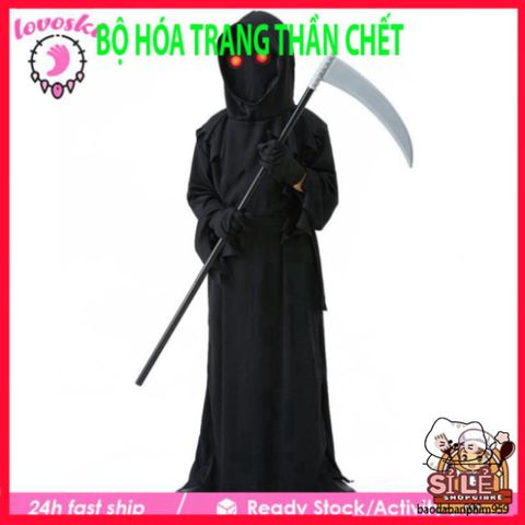Bộ Trang Phục Hóa Trang Thần Chết Halloween Cho Bé - Áo Choàng, Mũ Trùm, Găng Tay - Phong Cách Kinh Dị Đẹp Mắt