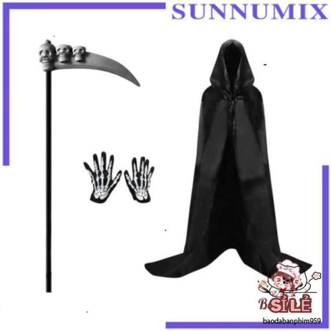 Bộ trang phục Thần Chết Halloween 4 món - Áo choàng, mặt nạ, găng tay xương - Đồ hóa trang độc đáo cho bữa tiệc hóa trang