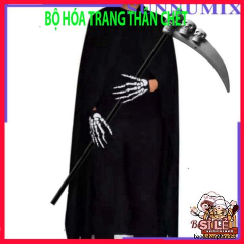 Bộ trang phục Thần Chết Halloween 4 món - Áo choàng, mặt nạ, găng tay xương - Đồ hóa trang độc đáo cho bữa tiệc hóa trang