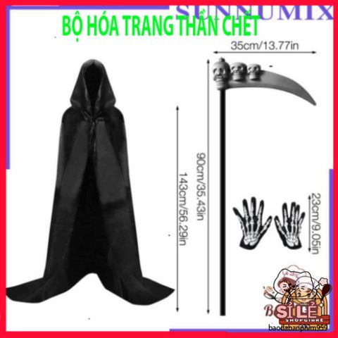 Bộ trang phục Thần Chết Halloween 4 món - Áo choàng, mặt nạ, găng tay xương - Đồ hóa trang độc đáo cho bữa tiệc hóa trang