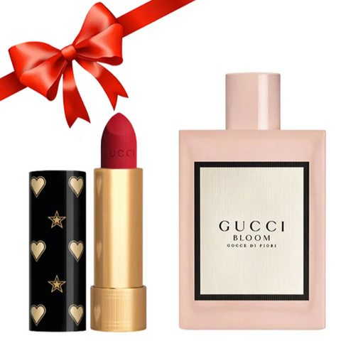 Set Gucci (Nước Hoa Bloom Gocce Di Fiori EDT 100ml + Son Limited 25 Goldie Đỏ Tươi)