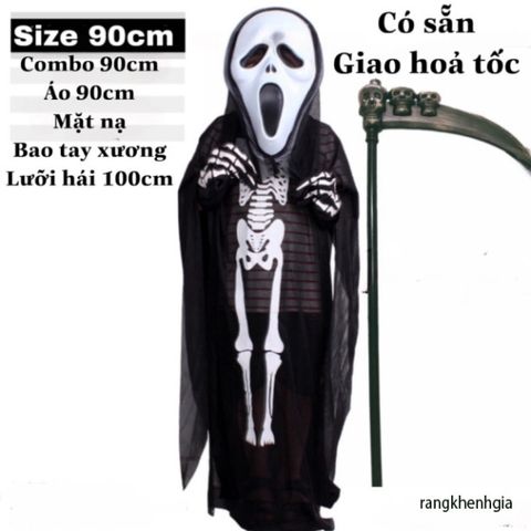 Bộ Trang Phục Thần Chết Halloween - Áo Choàng, Mặt Nạ, Lưỡi Hái, Găng Tay Xương Ma Quỷ cho Trẻ Em - Đồ Hóa Trang Thú Vị