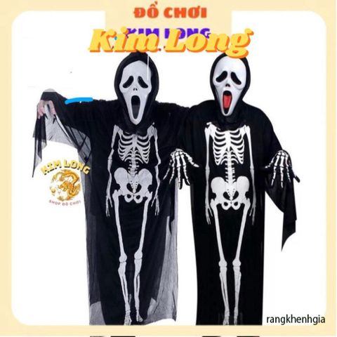 Set Áo Choàng Bộ Xương 3 Món có Nón Găng Tay Mặt Nạ - Trang Phục Hóa Trang Halloween cho Trẻ Em và Người Lớn