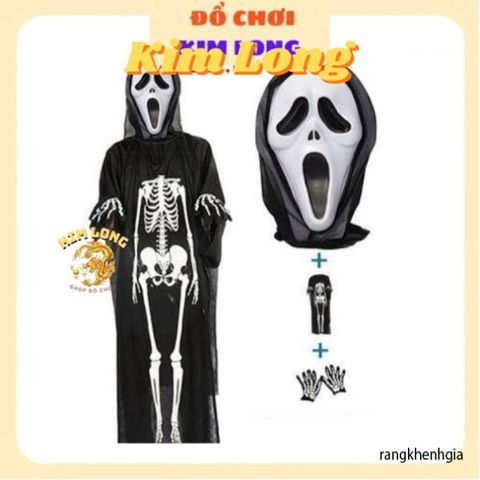 Set Áo Choàng Bộ Xương 3 Món có Nón Găng Tay Mặt Nạ - Trang Phục Hóa Trang Halloween cho Trẻ Em và Người Lớn