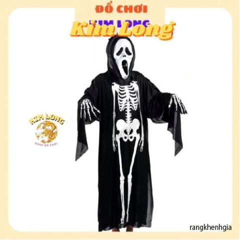 Set Áo Choàng Bộ Xương 3 Món có Nón Găng Tay Mặt Nạ - Trang Phục Hóa Trang Halloween cho Trẻ Em và Người Lớn