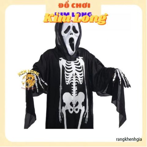 Set Áo Choàng Bộ Xương 3 Món có Nón Găng Tay Mặt Nạ - Trang Phục Hóa Trang Halloween cho Trẻ Em và Người Lớn