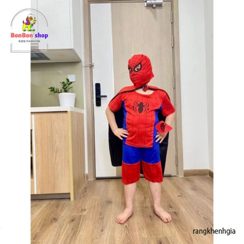 Bộ trang phục Siêu Nhân Nhện cho bé - Áo tay ngắn, tà bay, mặt nạ và mũ chùm đầu dễ thương, phù hợp cho trẻ từ 11-33kg, quà tặng tuyệt vời cho bé yêu.