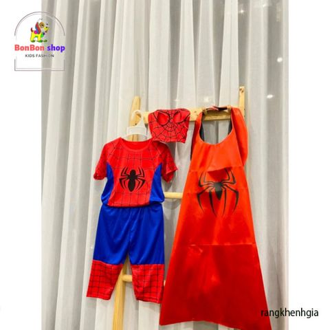 Bộ trang phục Siêu Nhân Nhện cho bé - Áo tay ngắn, tà bay, mặt nạ và mũ chùm đầu dễ thương, phù hợp cho trẻ từ 11-33kg, quà tặng tuyệt vời cho bé yêu.