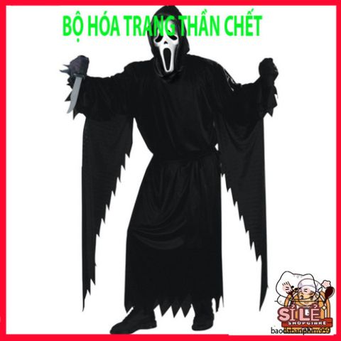 Bộ Trang Phục Thần Chết Halloween Cho Người Lớn - Áo Dài, Găng Tay, Mặt Nạ Độc Đáo Dành Cho Tiệc Hóa Trang 1,65m-1,8m