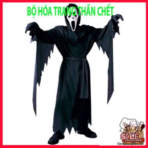 Bộ Trang Phục Thần Chết Halloween Cho Người Lớn - Áo Dài, Găng Tay, Mặt Nạ Độc Đáo Dành Cho Tiệc Hóa Trang 1,65m-1,8m