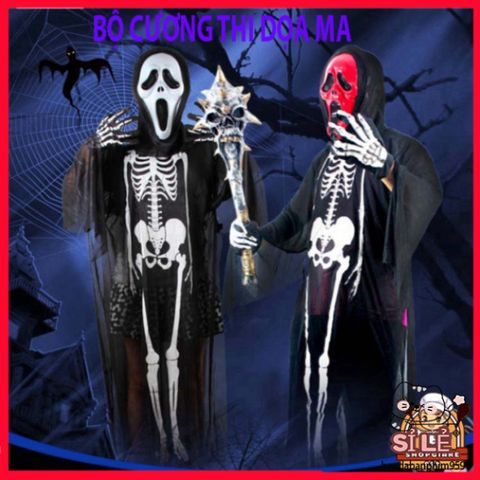 Áo Choàng Nón Halloween Hình Đầu Lâu, Dơi & Ma Cà Rồng - Trang Phục Dọa Ma Cho Tiệc Hóa Trang, Chất Liệu Polyester Cao Cấp