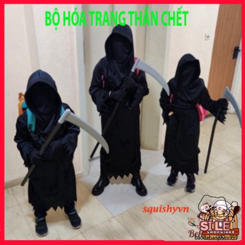 Bộ 4 Món Trang Phục Thần Chết Halloween - Áo Choàng, Mặt Nạ và Găng Tay Cho Người Lớn và Trẻ Em - Phụ Kiện Ma Quái độc đáo