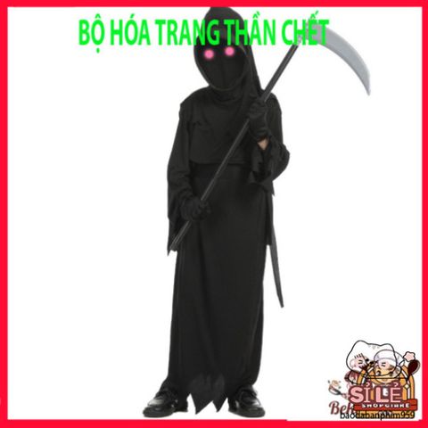 Bộ 4 Món Trang Phục Thần Chết Halloween - Áo Choàng, Mặt Nạ và Găng Tay Cho Người Lớn và Trẻ Em - Phụ Kiện Ma Quái độc đáo