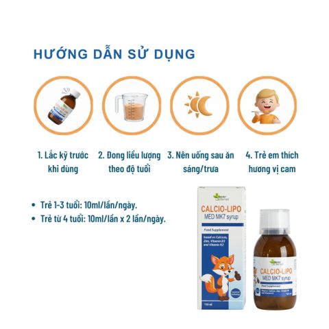 Siro Canxi Liposome Calcio-Lipo Med MK7 - Tăng Chiều Cao, Xương Chắc Khỏe Cho Trẻ Từ 1 Tuổi, Hương Cam Ngọt Ngào, 150ml