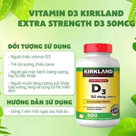 Viên Uống Vitamin D3 Kirkland Extra Strength 2000IU (50mcg) 600v - Hỗ Trợ Tăng Cường Sức Khỏe Xương và Hệ Miễn Dịch