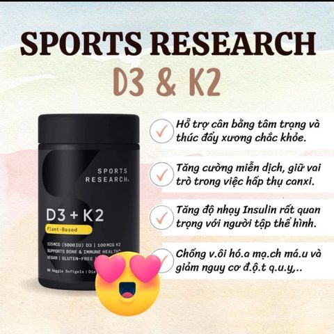 Viên uống bổ sung Vitamin D3 + K2 SR Sport Research 160viên - Tăng cường miễn dịch và xương chắc khỏe, thuần chay, không biến đổi gen