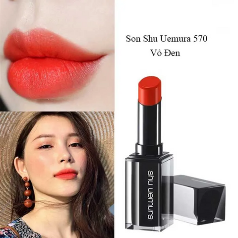 Son Shu Uemura Amplified OR 570 - Son Môi Cao Cấp Màu Đỏ Cam, Dưỡng Ẩm, Thiết Kế Vỏ Đen Thời Thượng