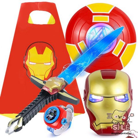 Bộ Trang Phục Siêu Anh Hùng Iron Man & Spider-Man - Cosplay Vải Thun Lạnh Co Giãn 4 Chiều, Gậy Ánh Sáng & Mặt Nạ Phát Sáng