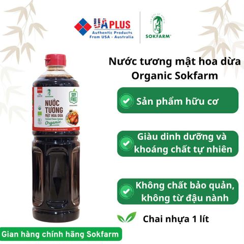 Nước Tương Mật Hoa Dừa Organic Sokfarm 1 Lít - Thực Phẩm Hữu Cơ Ít Muối, Không Đậu Nành, Gluten Free, Đầy Đủ Axit Amin, Hương Vị Tự Nhiên