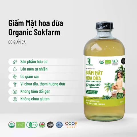 Giấm Mật Hoa Dừa Organic Sokfarm 500ml - Giấm Tự Nhiên Hỗ Trợ Tiêu Hóa & Tăng Cường Sức Khỏe, Không Biến Đổi Gen