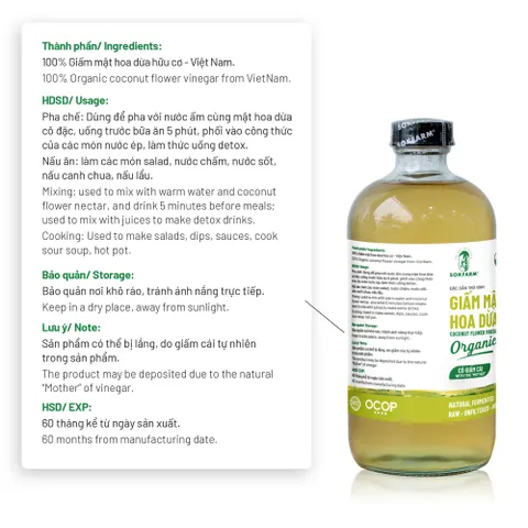 Giấm Mật Hoa Dừa Organic Sokfarm 500ml - Giấm Tự Nhiên Hỗ Trợ Tiêu Hóa & Tăng Cường Sức Khỏe, Không Biến Đổi Gen