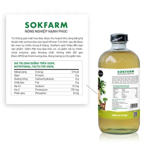 Giấm Mật Hoa Dừa Organic Sokfarm 500ml - Giấm Tự Nhiên Hỗ Trợ Tiêu Hóa & Tăng Cường Sức Khỏe, Không Biến Đổi Gen