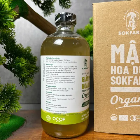 Giấm Mật Hoa Dừa Organic Sokfarm 500ml - Giấm Tự Nhiên Hỗ Trợ Tiêu Hóa & Tăng Cường Sức Khỏe, Không Biến Đổi Gen