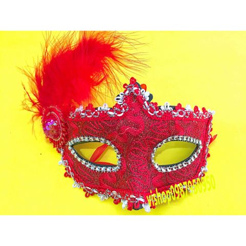 Mặt Nạ Halloween Đính Đá Bằng Lông Vũ - Đạo Cụ Cosplay Vũ Hội Halloween, Tiệc Tùng, Sự Kiện 18cm x 12cm