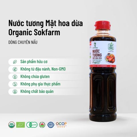 Nước tương mật hoa dừa Organic Sokfarm 1 lít - Tự nhiên, ít muối, không chứa gluten, sản phẩm hữu cơ từ Việt Nam