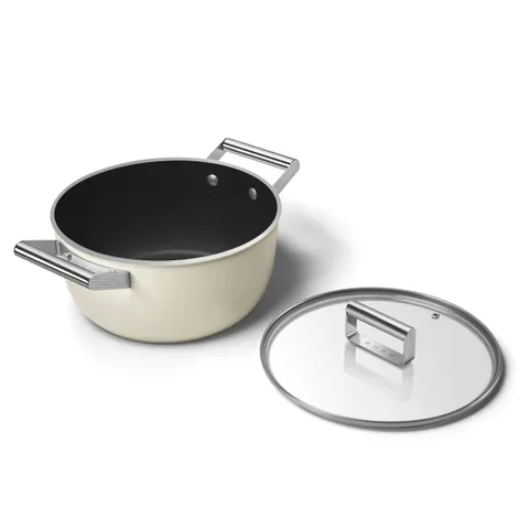 Nồi Casserole SMEG CSF2412CRM 24cm Màu Kem - Nhôm Đúc Chống Dính, Nắp Kính Cường Lực, Dùng Cho Bếp Gas và Bếp Từ, Sang Trọng  امن