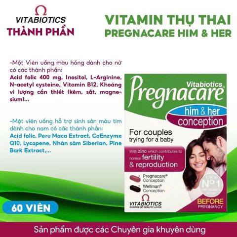 Viên uống hỗ trợ thụ thai Conceptive Pregnacare Him and Her 60 viên - Tăng cường sức khỏe sinh sản cho cả nam và nữ