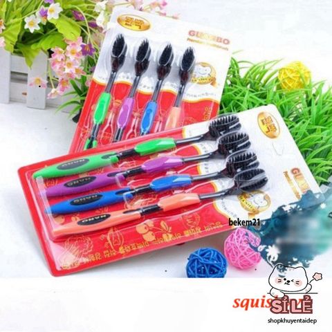 Bộ 4 Bàn Chải Đánh Răng Than Hoạt Tính Hàn Quốc T21 - Chải Sạch Sâu, An Toàn Cho Gia Đình