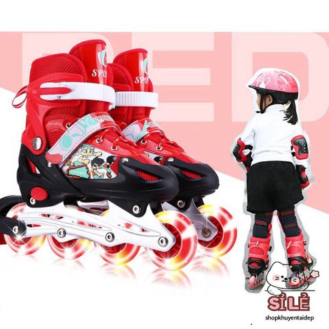 Giày Patin Phát Sáng Trẻ Em QF - Bộ 6 Miếng Bảo Hộ + 2 Thanh Cờ Lê Tháo Lốp - Giày Trượt Cao Cấp, An Toàn Cho Bé Yêu