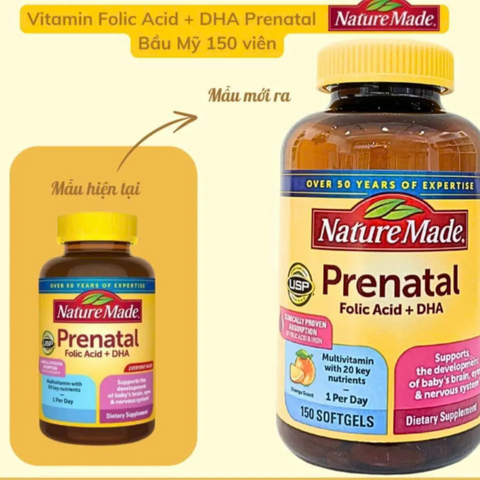 Viên uống Vitamin Tổng Hợp Prenatal + DHA Nature Made cho Bà Bầu - 150 Viên, Hỗ Trợ Dinh Dưỡng Thai Kỳ, Xuất Xứ Mỹ