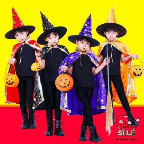 Bộ Trang Phục Phù Thủy Halloween Cho Trẻ Em - Áo Choàng Đen và Nón Phù Thủy Độc Đáo, Lưu Giữ Để Sử Dụng Năm Sau