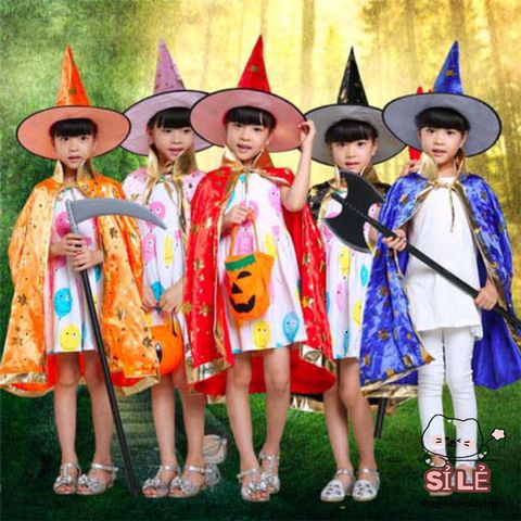 Bộ Trang Phục Phù Thủy Halloween Cho Trẻ Em - Áo Choàng Đen và Nón Phù Thủy Độc Đáo, Lưu Giữ Để Sử Dụng Năm Sau