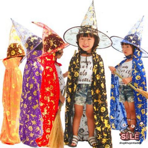 Bộ Trang Phục Phù Thủy Halloween Cho Trẻ Em - Áo Choàng Đen và Nón Phù Thủy Độc Đáo, Lưu Giữ Để Sử Dụng Năm Sau