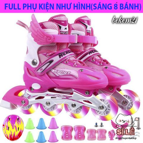Giày Trượt Patin QF Thế Hệ Mới Điều Chỉnh Kích Thước 8 Bánh Phát Sáng - Kèm Bộ 13-20 Món Bảo Hộ Cho Trẻ Em và Người Lớn