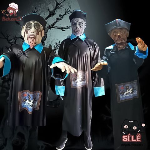Set Trang Phục Cương Thi Halloween - Bộ Đồ Cosplay Đen Cho Nam, Áo Dài, Nón Đuôi Sam, Phù Hợp Cho Lễ Hội Hóa Trang