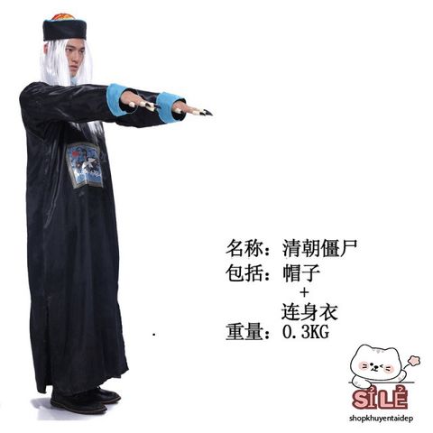 Set Trang Phục Cương Thi Halloween - Bộ Đồ Cosplay Đen Cho Nam, Áo Dài, Nón Đuôi Sam, Phù Hợp Cho Lễ Hội Hóa Trang