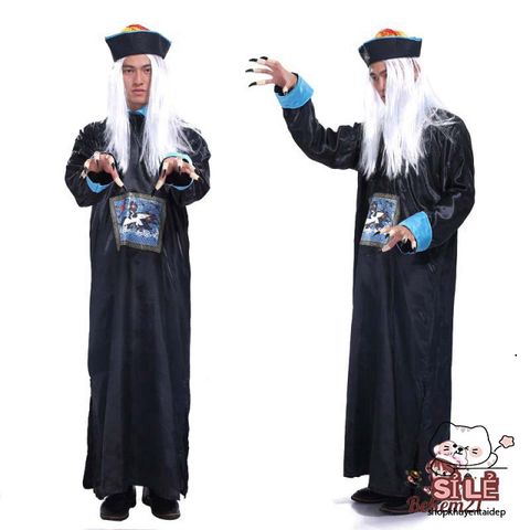 Set Trang Phục Cương Thi Halloween - Bộ Đồ Cosplay Đen Cho Nam, Áo Dài, Nón Đuôi Sam, Phù Hợp Cho Lễ Hội Hóa Trang