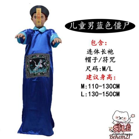 Set Trang Phục Cương Thi Halloween - Bộ Đồ Cosplay Đen Cho Nam, Áo Dài, Nón Đuôi Sam, Phù Hợp Cho Lễ Hội Hóa Trang