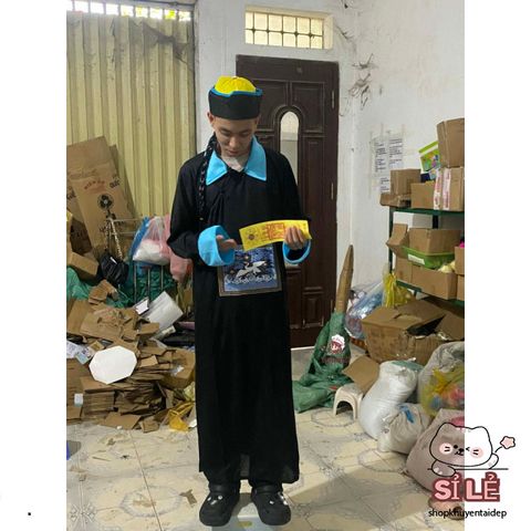 Set Trang Phục Cương Thi Halloween - Bộ Đồ Cosplay Đen Cho Nam, Áo Dài, Nón Đuôi Sam, Phù Hợp Cho Lễ Hội Hóa Trang