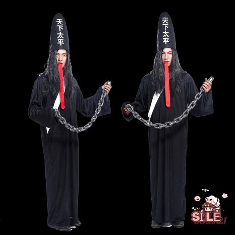 Trang Phục Hóa Trang Halloween Hắc Vô Thường - Cương Thi Ma Quái với Mặt Nạ và Tóc Giả - Thời Trang Cosplay ấn Tượng
