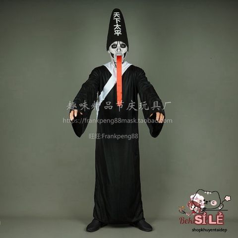 Trang Phục Hóa Trang Halloween Hắc Vô Thường - Cương Thi Ma Quái với Mặt Nạ và Tóc Giả - Thời Trang Cosplay ấn Tượng
