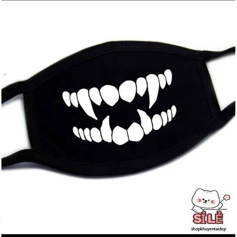 Khẩu Trang Cotton Đen Anime Manga Họa Tiết Răng Nanh Hoạt Hình - Thoáng Khí, Chống Bụi, Unisex, Phù Hợp Mọi Giới Tính