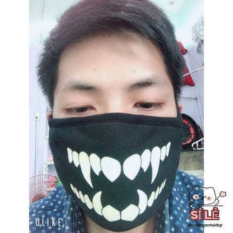 Khẩu Trang Cotton Đen Anime Manga Họa Tiết Răng Nanh Hoạt Hình - Thoáng Khí, Chống Bụi, Unisex, Phù Hợp Mọi Giới Tính
