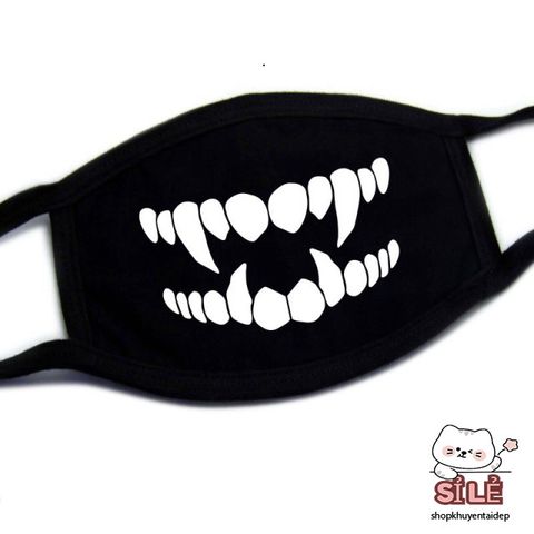Khẩu Trang Cotton Đen Anime Manga Họa Tiết Răng Nanh Hoạt Hình - Thoáng Khí, Chống Bụi, Unisex, Phù Hợp Mọi Giới Tính