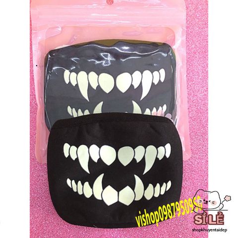 Khẩu Trang Cotton Đen Anime Manga Họa Tiết Răng Nanh Hoạt Hình - Thoáng Khí, Chống Bụi, Unisex, Phù Hợp Mọi Giới Tính